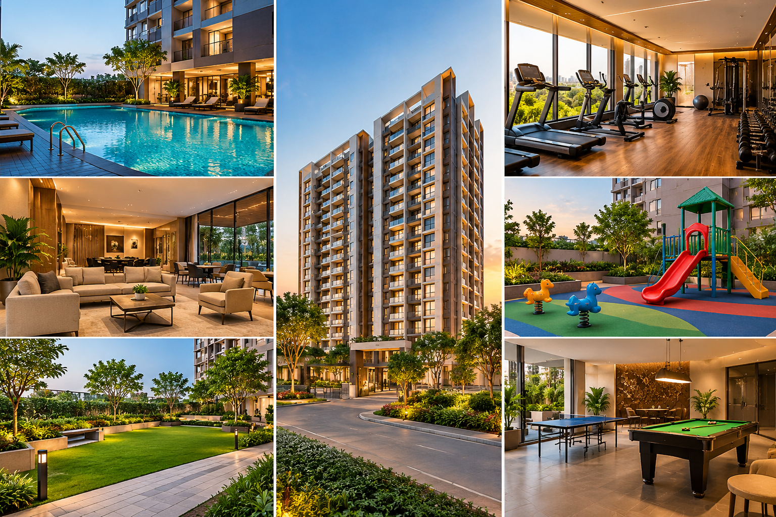 Apartment amenities in Vizag including swimming pool, garden and clubhouse